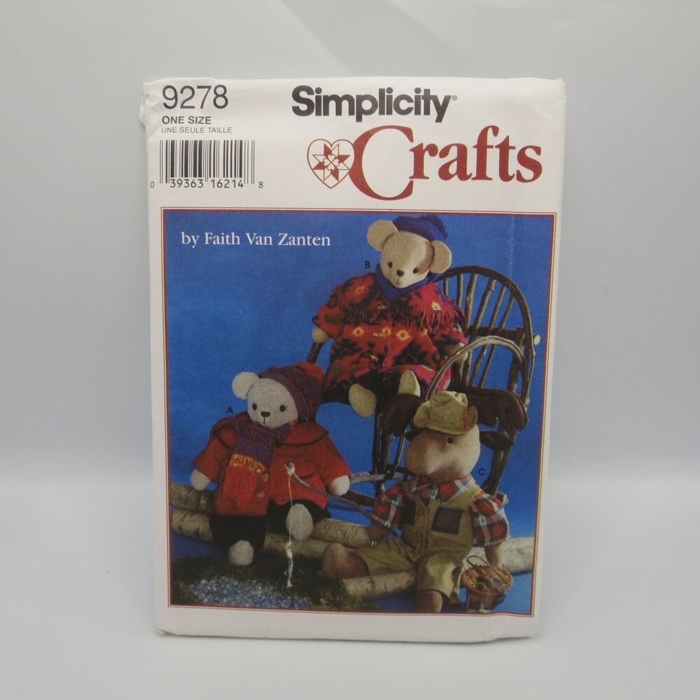 Simplicity Crafts 9278 Bear Mouse Stuffed Animal Clothes One Size 20" 1990s